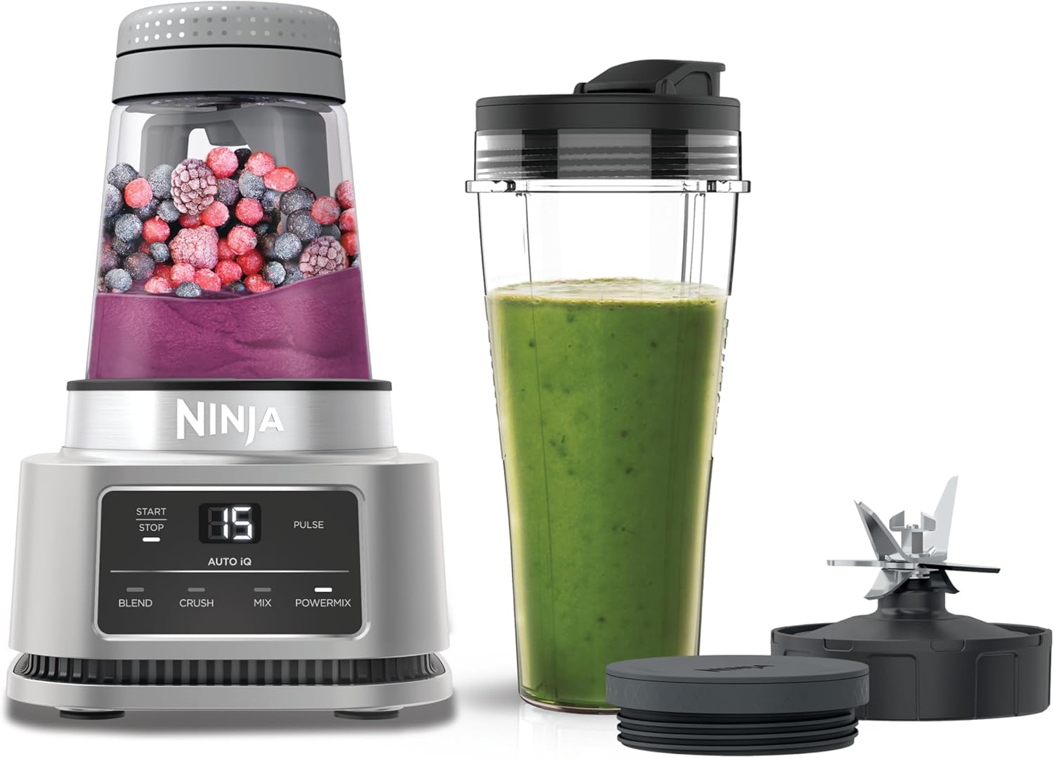 Foodi Power Nutri Blender 2-en-1, mixe des bols de smoothie et des boissons glacées, programmes automatiques, gobelet de 700 ml et bol de 400 ml avec palette motorisée, 1100 W, argent CB100EU 2 en 1