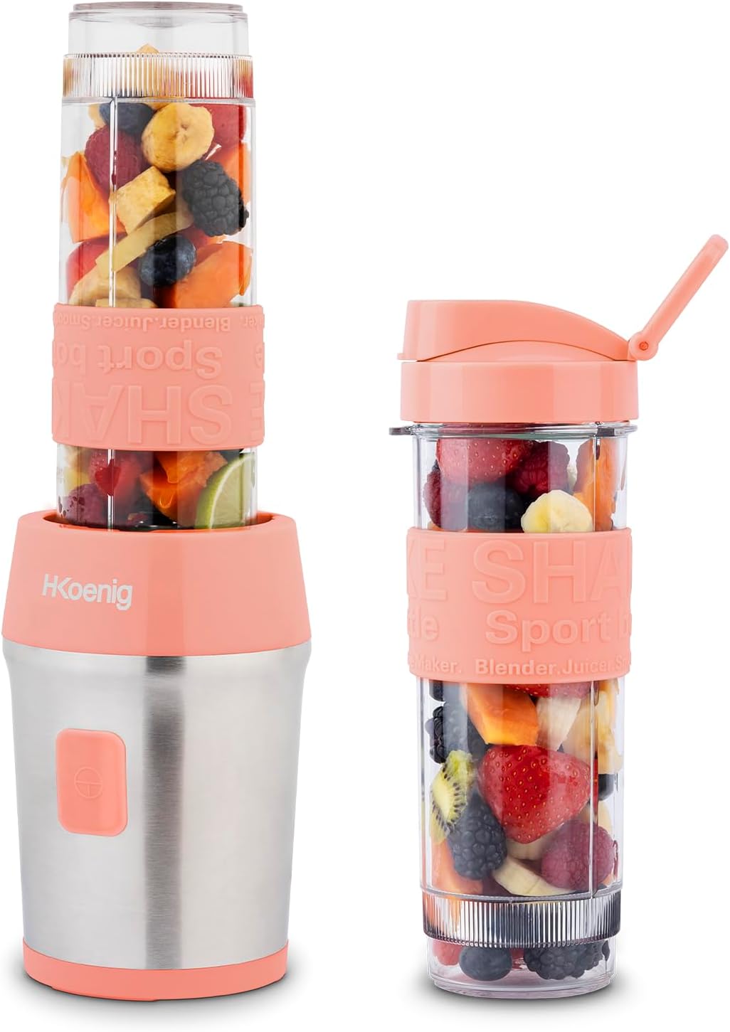 H.Koenig Mini Blender / Smoothie / Mixeur SMOO10 – 570mL, 300W, 4 Lames Inox, Sans BPA, 2 Bouteilles portables avec couvercles de voyage, Pêche Pastel Rose Foncé