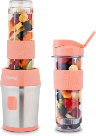 H.Koenig Mini Blender / Smoothie / Mixeur SMOO10 – 570mL, 300W, 4 Lames Inox, Sans BPA, 2 Bouteilles portables avec couvercles de voyage, Pêche Pastel Rose Foncé