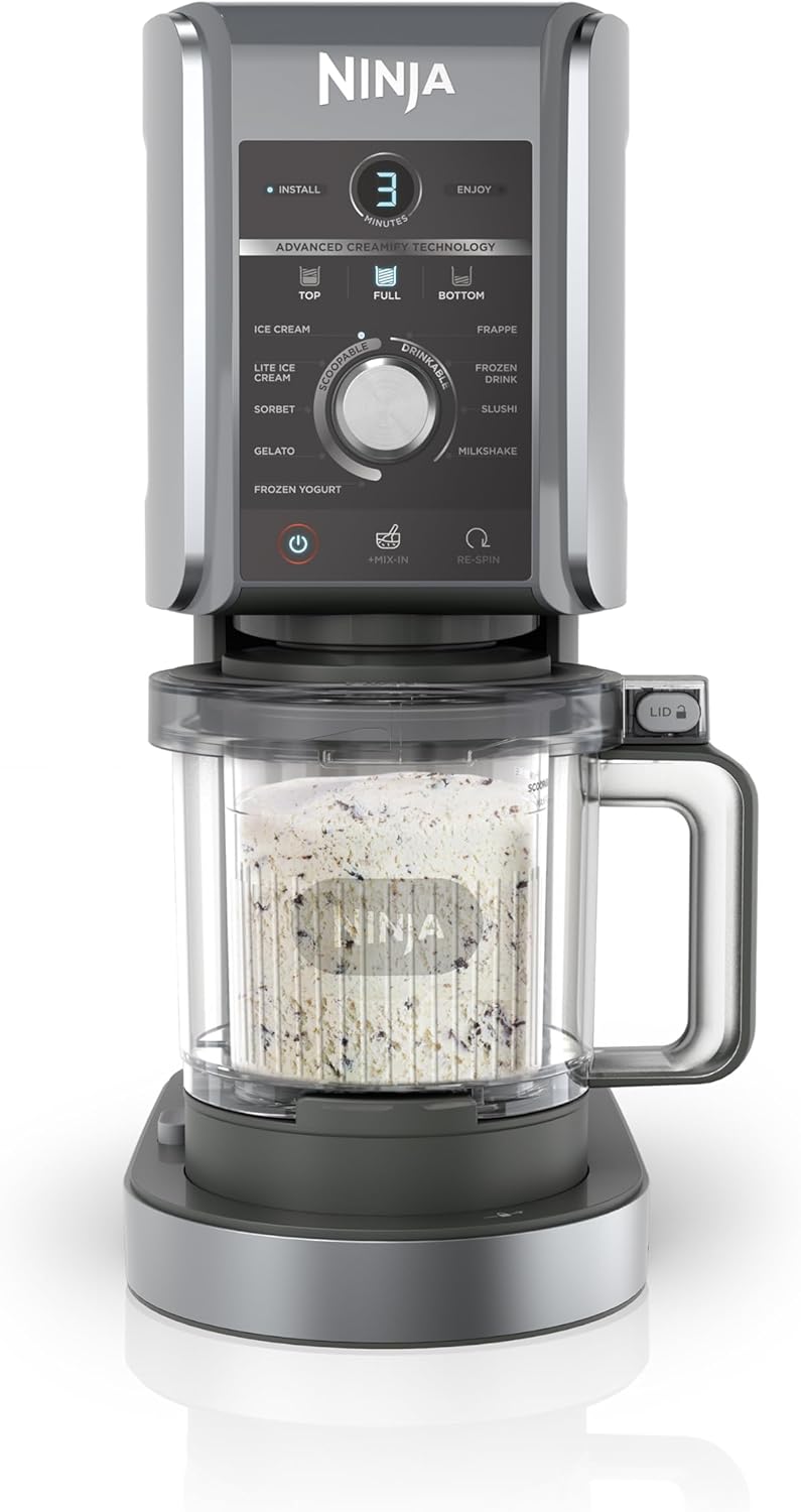 CREAMi Deluxe Machine a glace et sorbetière, 2 bacs, 10 fonctions, crème glacée, sorbets, yaourts glacés, des milkshakes, des slush, Pièces amovibles lavables au lave-vaisselle, Argent NC502EU CREAMi Deluxe Argent