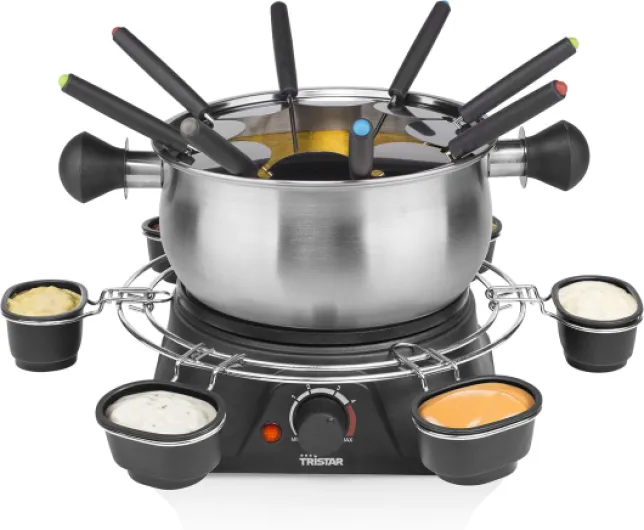 Appareil à fondue électrique - Pour tous types de fondues - Thermostat réglable - Pour 8 personnes - 1,5 L - Fourchettes incluses Avec cercle à sauce