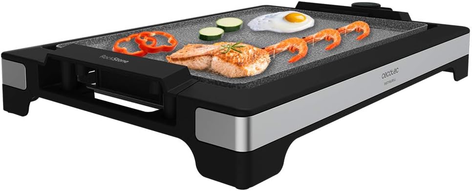 Tasty & Grill 2000 Plancha électrique en acier inoxydable 2000 W, plaque RockStone antiadhésive, thermostat réglable, 5 niveaux de puissance, amovible, passe au lave-vaisselle (3094) Inox Stone