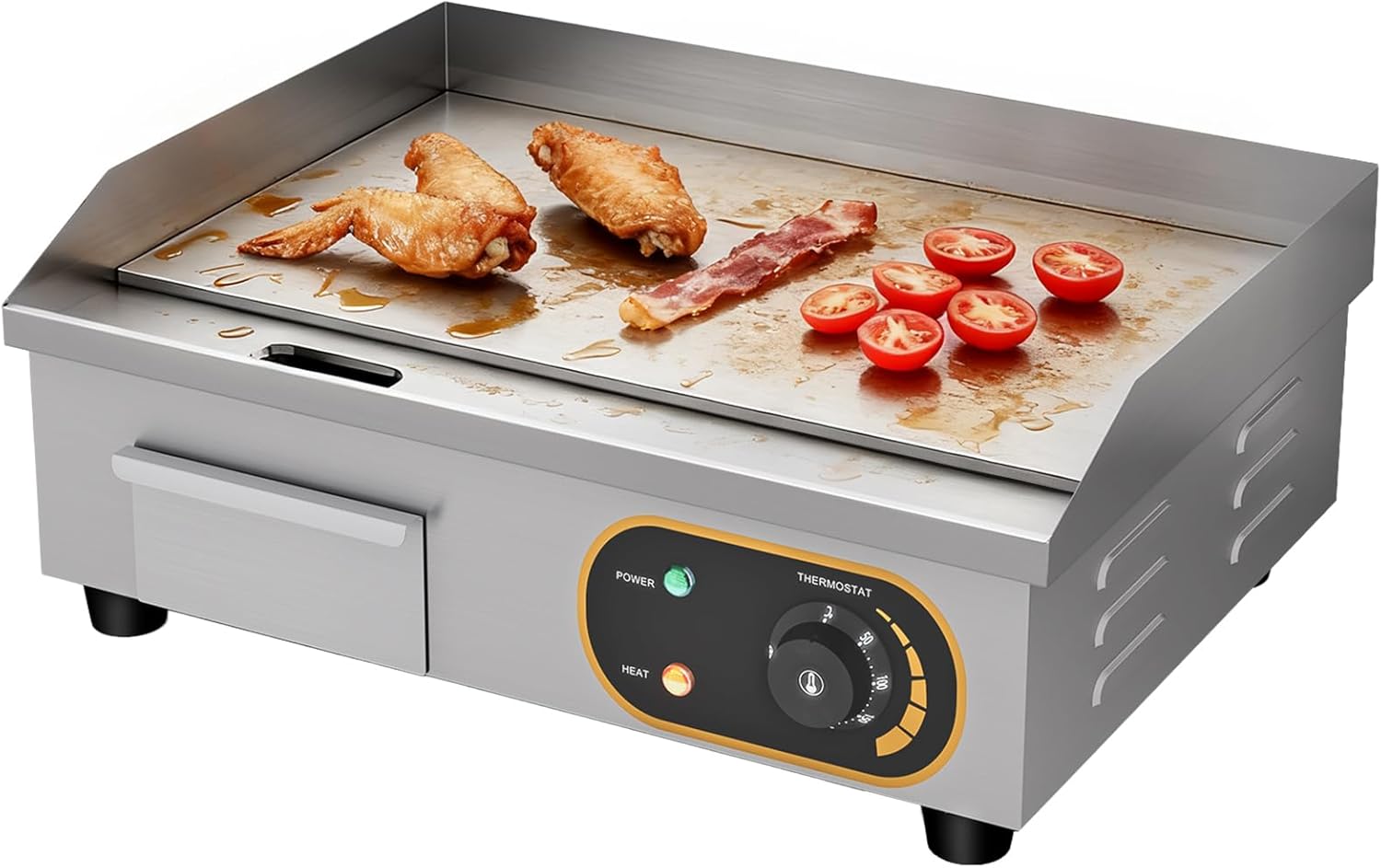 Plancha professionnelle électrique Plaque Inox lisse protection de gril 3000W, protection antiéclaboussures, 50-300 °C, et bac à graisse 54 x 40 x 22 cm