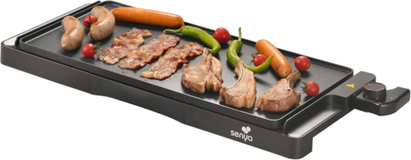 Plancha Electrique XL 2200W, Grande surface de cuisson 51 x 25 cm Antiadhésive, Revêtement effet pierre, Plancha Grill, Thermostat réglable, Nettoyage compatible Lave-vaisselle, Noir