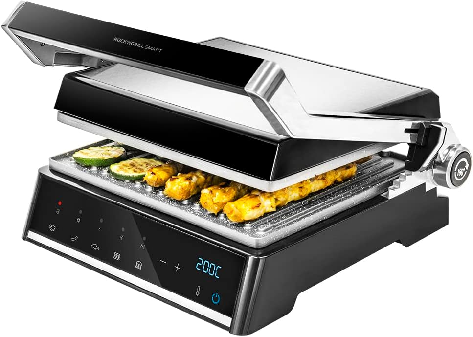 Grill électrique Rock’nGrill Smart - Système de réglage de la puissance, du temps et de la température de 2000 W, ouverture à 180 °, plaques amovibles allant au lave-vaisselle 2000 W - Smart