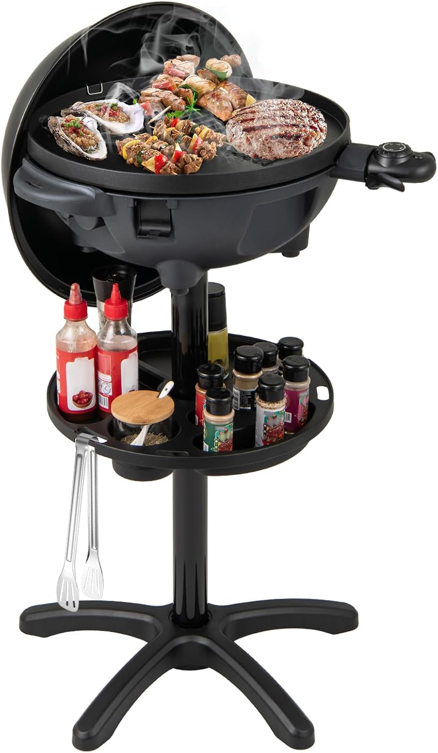 Barbecue Électrique sur Pied 2 EN 1, 12000W, Température Réglable 180°C-270°C, 2 Zones Plaque Antiadhésive, Étagère à Condiments, Bac à Graisse pour Intérieur & Extérieur