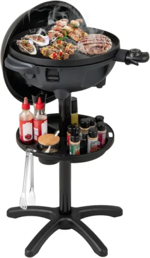 Barbecue Électrique sur Pied 2 EN 1, 12000W, Température Réglable 180°C-270°C, 2 Zones Plaque Antiadhésive, Étagère à Condiments, Bac à Graisse pour Intérieur & Extérieur