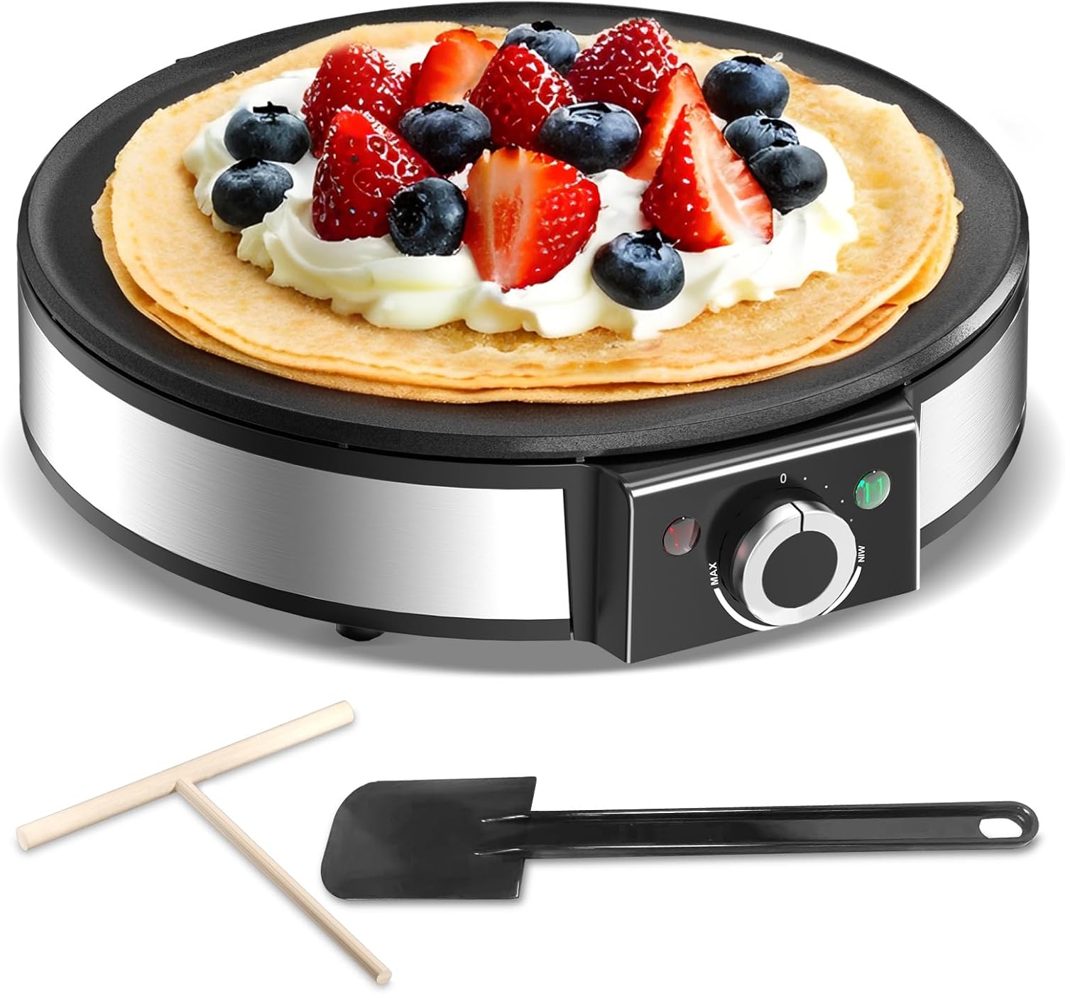 Crêpière électrique, 1200w crêpière sans colle pour la maison, contrôle de la température, acier inoxydable - facile à nettoyer et comprend un diviseur de pâte et une spatule 1200 watt