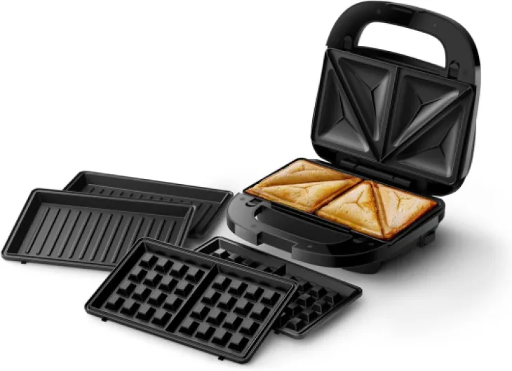 Appareil à sandwichs Series 5000-3 jeux de plaques pour paninis, les sandwichs et les gaufres, Plaques de gril antiadhésive, Coupez et scellez, Puissance de 750W, Noir (HD2350/80)