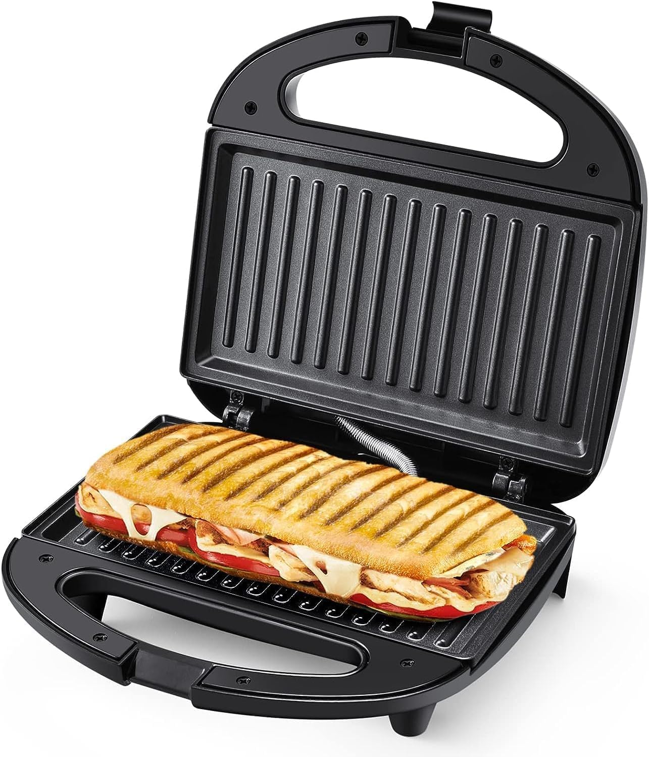 Grill Panini, 750W Appareil Panini avec Plaques Anti-adhésif, Appareil Croque Monsieur, Température Automatique, Indicateur LED, Poignée Cool Touch