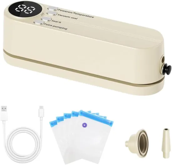 Mini machine sous vide, appareil sous vide portable, 3 niveaux de température, soudeuse à film pour aliments avec 5 sachets, 2 adaptateurs de gonflage et 1 adaptateur d'aspiration d'air pour conserver Beige