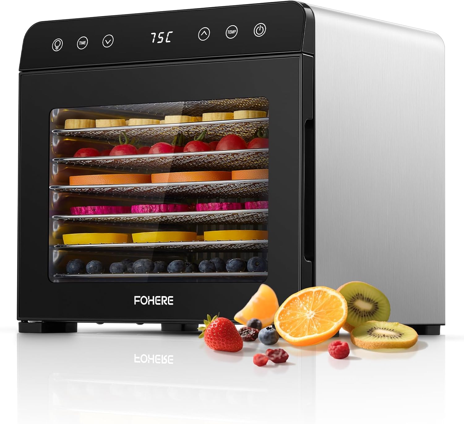 Deshydrateur Alimentaire avec 8 Plateaux en Inox, Contrôle Tactile LED, Déshydrateur avec Minuterie 48h et Température 35-75°C, pour Fruits, Légumes, Viande, Jerky, Herbes, Snacks Pour Animaux