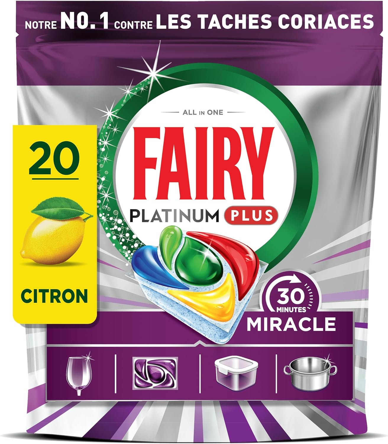 Platinum Plus Tout En 1, 30 Minutes Miracle Tablettes Lave-Vaisselle, Notre Nettoyant N° 1 Pour Les Résidus Alimentaires Tenaces, Lave-Vaisselle, 20X5 MIR Citron x20