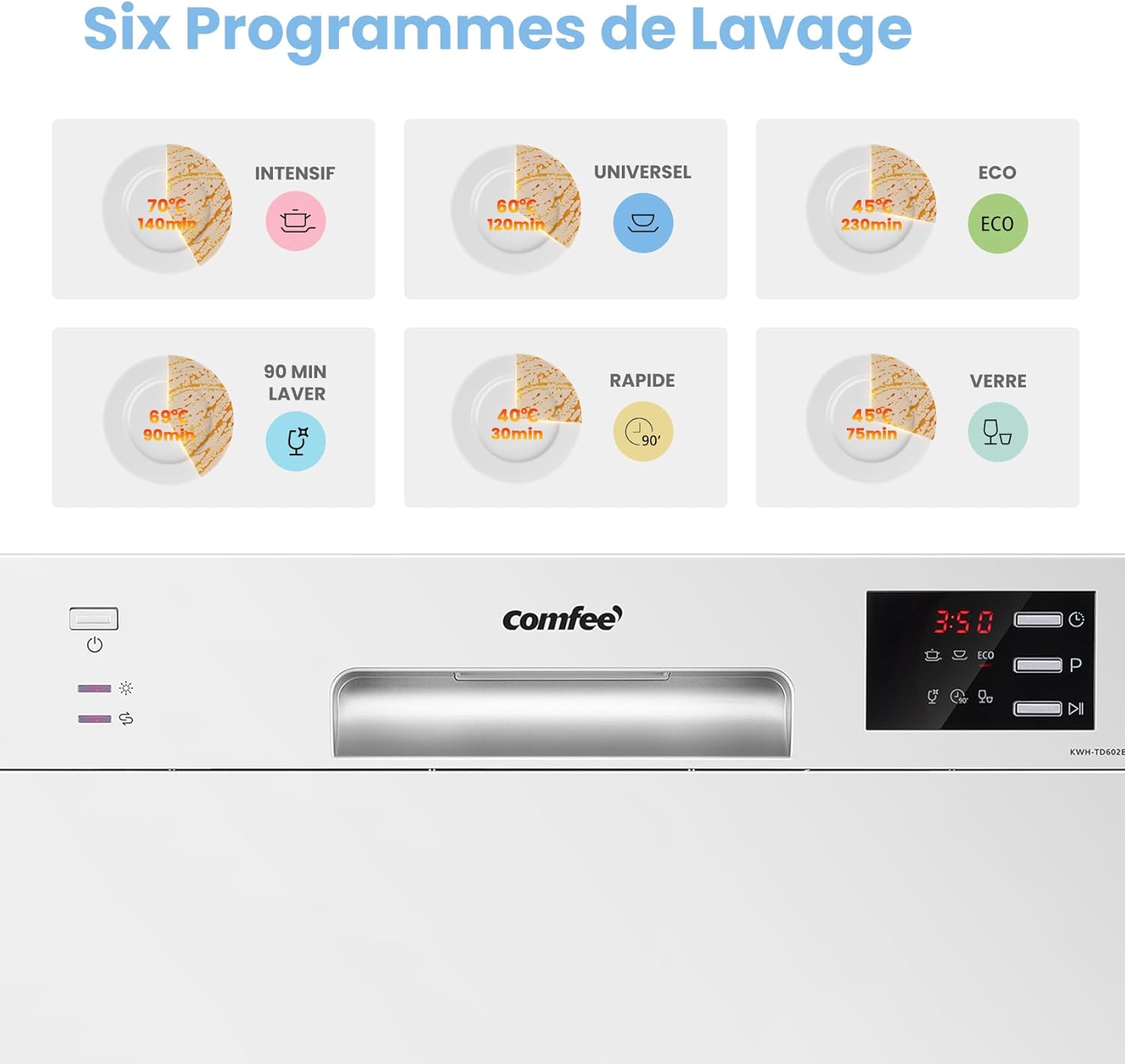 ' TD602E-W Lave-vaisselle compact pose libre, écran LED, 6,5 litres, blanc, niveau sonore : 47 dB