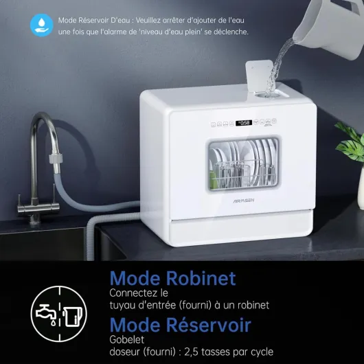 Lave-vaisselle de Table Mini Lave-vaisselle avec 7+2 Programmes, Fonction Sel Adoucissant Commande Tactile Affichage à LED Réservoir d'Eau 5L, Lave-vaisselle Compact pour Appartements Dortoirs