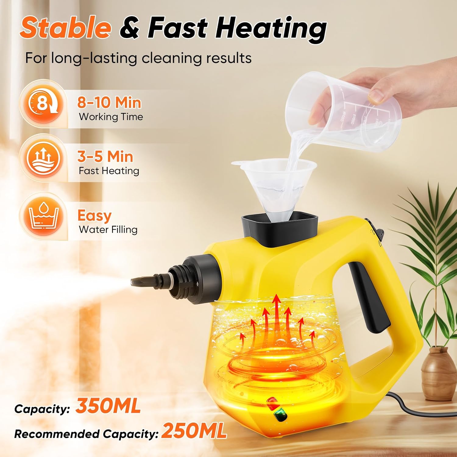 Nettoyeur Vapeur,Nettoyeur Vapeur Portable avec serrure de sécurité et kit d'accessoires de 10 pièces,Steam Cleaner pour Taches sur Vitres,lit,Matelas,Tapis,Voiture,Cuisines（Jaune）