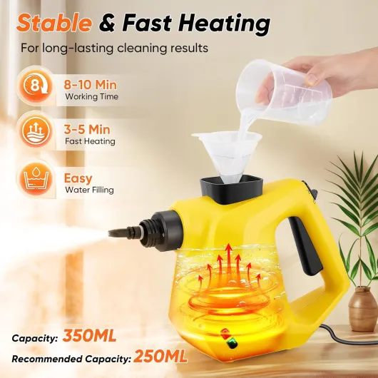 Nettoyeur Vapeur,Nettoyeur Vapeur Portable avec serrure de sécurité et kit d'accessoires de 10 pièces,Steam Cleaner pour Taches sur Vitres,lit,Matelas,Tapis,Voiture,Cuisines（Jaune）