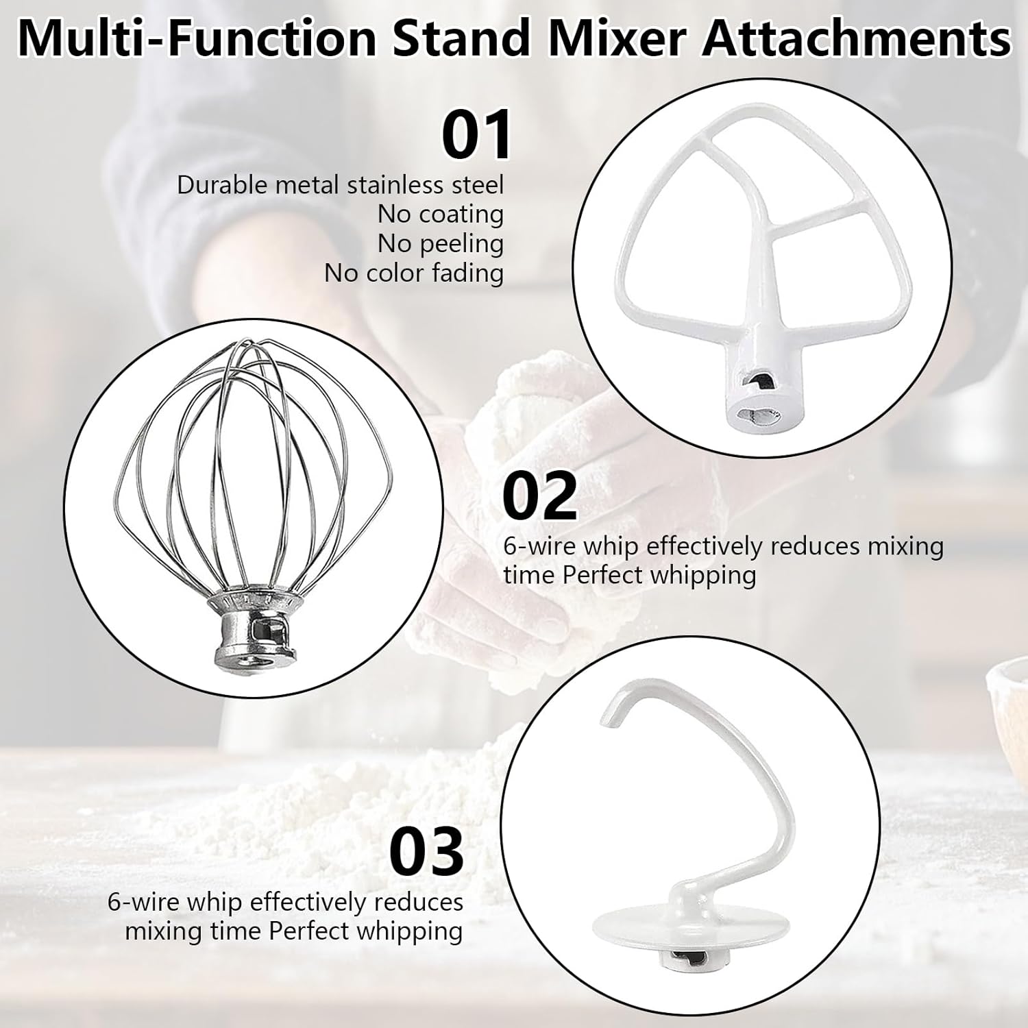 Ensemble D'accessoires pour Robot de Cuisine, 3 Pièces Kitchen Accessoires avec Fouet K45WW Crochet Pétrisseur K45DH Batteur Plat K45B pour Préparer Une Variété de Plats Délicieux Tels Que des Gâteaux