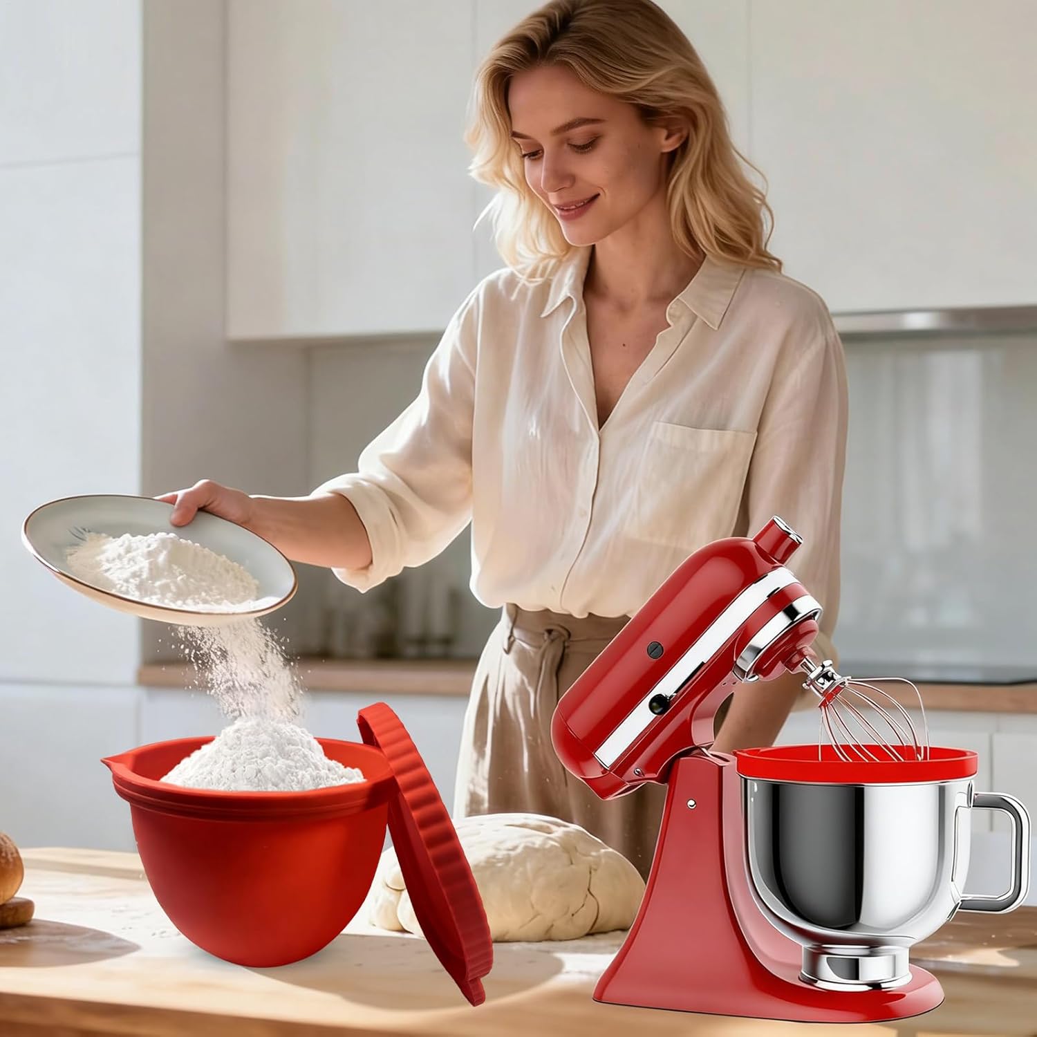 Générique Bol En Silicone Pour Robot Culinaire - 5 L Antiadhésif Fournitures Maison En Silicone Avec Couvercle,Protège-bols de Cuisine,Pour la Maison les Voyages Rouge