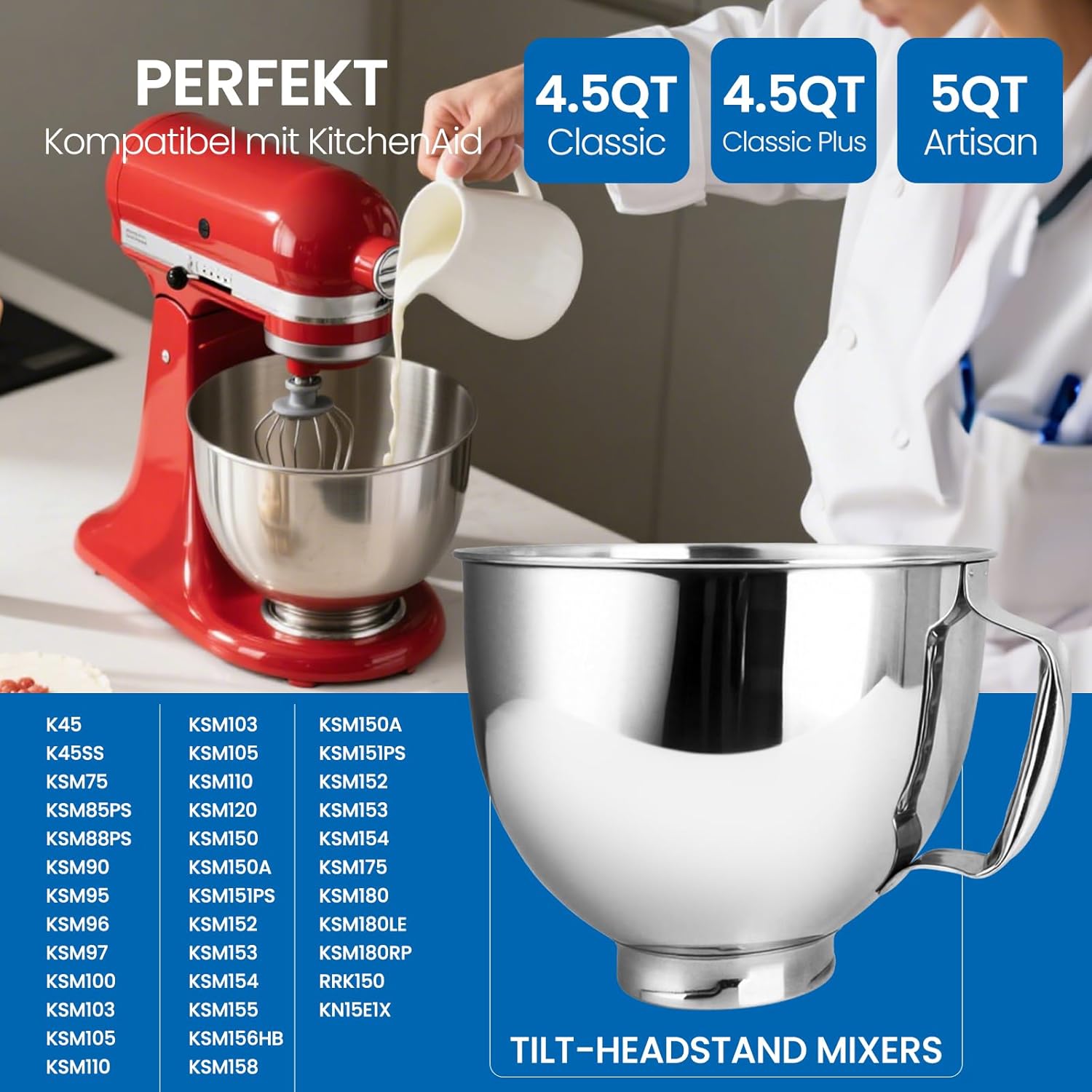 Bol mélangeur en acier inoxydable - Compatible avec KItchen AID 4,5-5 litres - Bol mélangeur en acier inoxydable avec poignée - Passe au lave-vaisselle - Bol mélangeur de rechange pour robot de