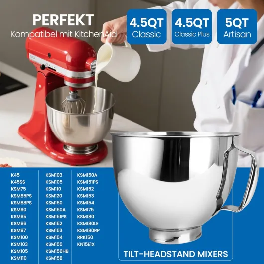 Bol mélangeur en acier inoxydable - Compatible avec KItchen AID 4,5-5 litres - Bol mélangeur en acier inoxydable avec poignée - Passe au lave-vaisselle - Bol mélangeur de rechange pour robot de