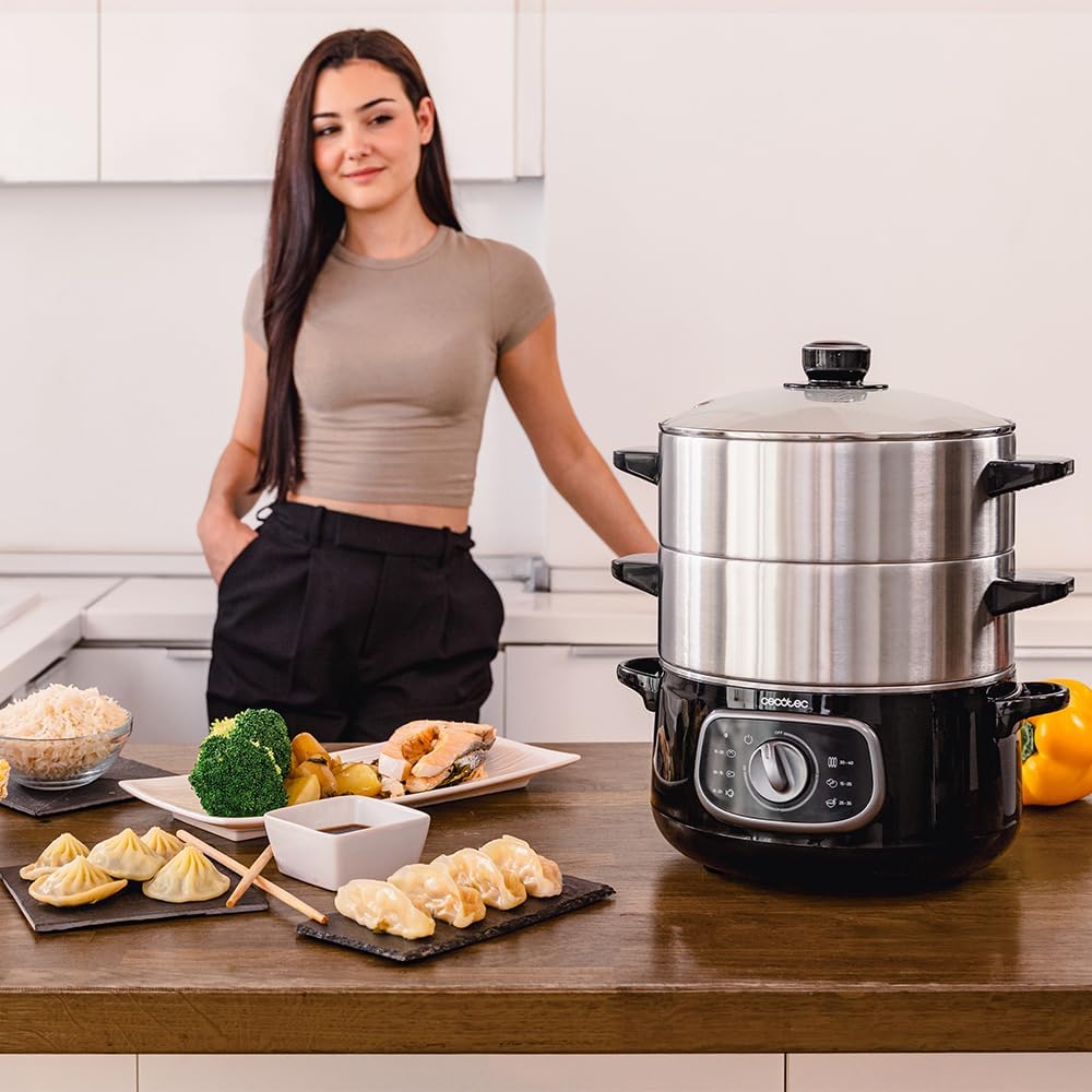 Cuiseur à Vapeur électrique Vapovita 3000 INOX, 3 paniers indépendants, Bol de Cuisson du Riz, Supports de Cuisson des œufs, Minuterie de 60 minutes, 2 Entrées d'Eau Latérales, Gris, 800 W Noir