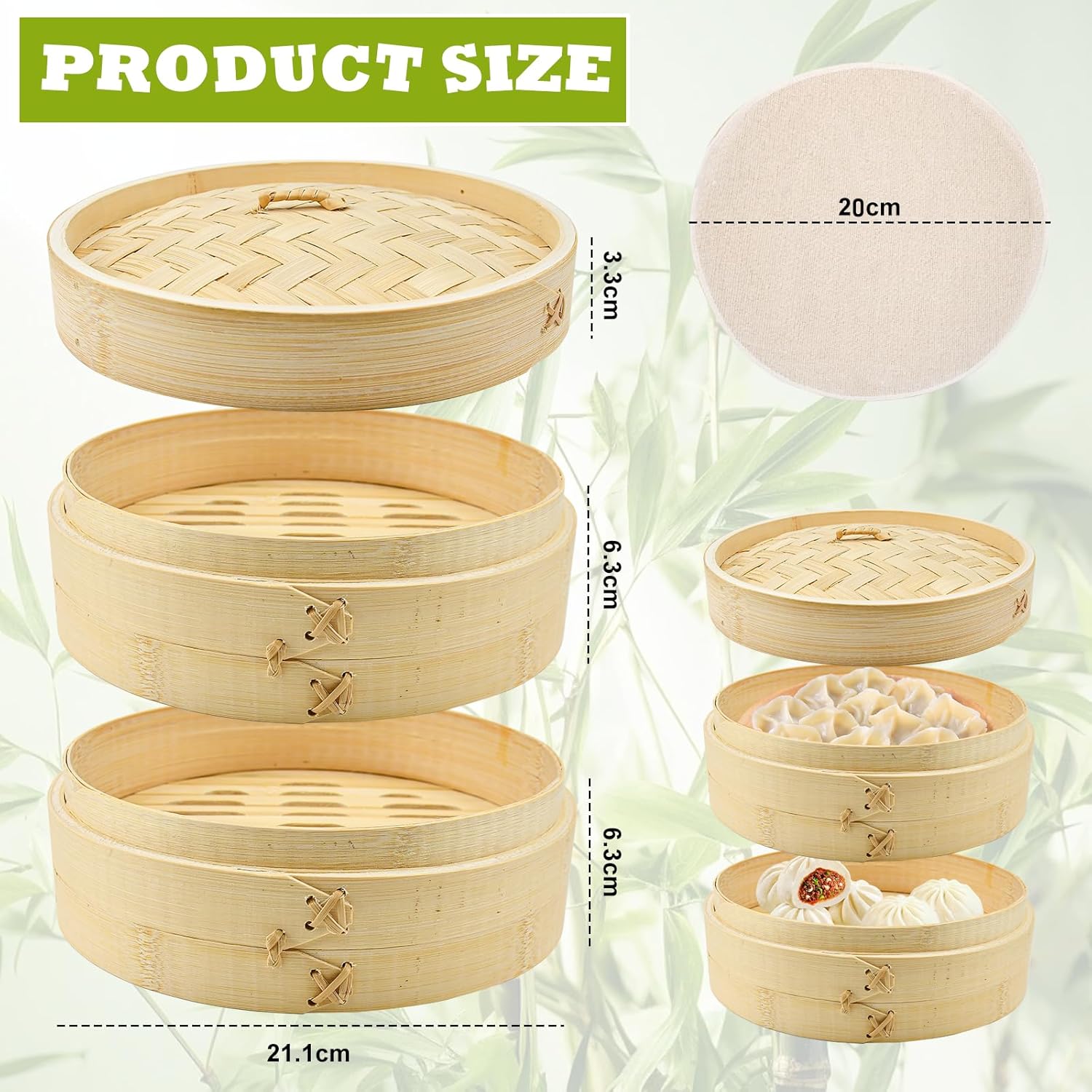 Cuiseur Vapeur en Bambou, Panier à Vapeur en Bambou à 2 Étages, Cuiseurs à Vapeurs Ø 21 cm, Panier Cuisson avec 5 Pcs Tapis de Cuisson pour Boulettes, Légumes, Riz