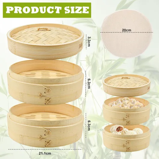Cuiseur Vapeur en Bambou, Panier à Vapeur en Bambou à 2 Étages, Cuiseurs à Vapeurs Ø 21 cm, Panier Cuisson avec 5 Pcs Tapis de Cuisson pour Boulettes, Légumes, Riz