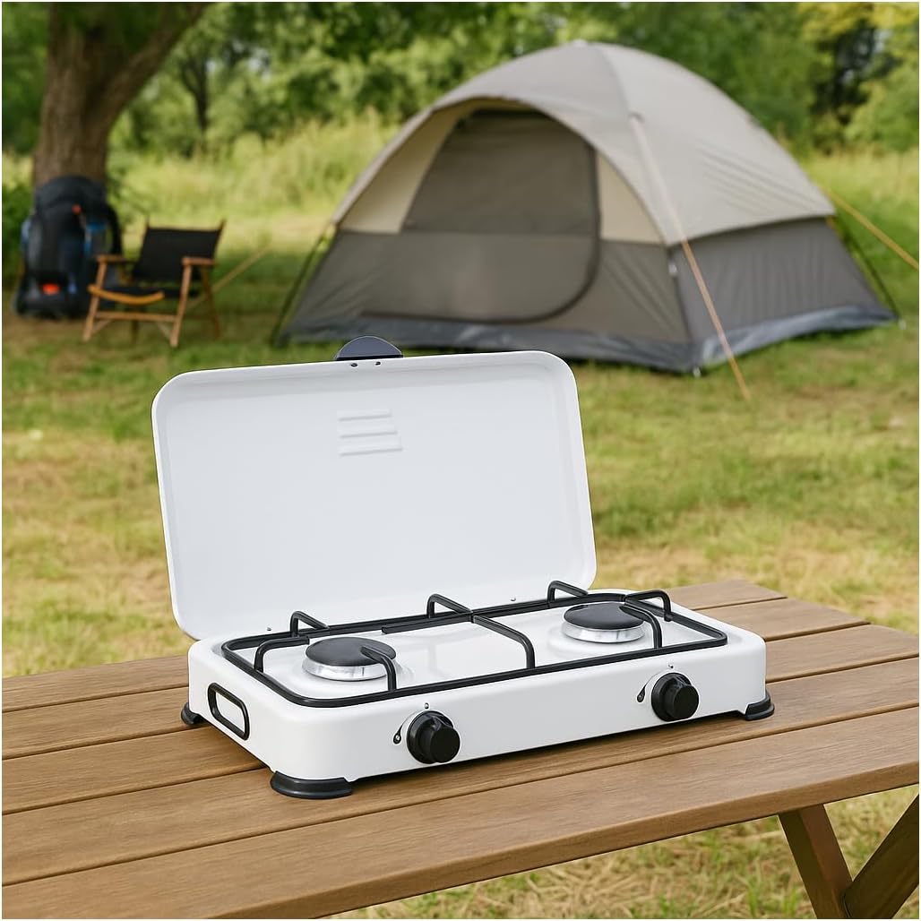Réchaud à Gaz 2 Feux 3200W, Brûleurs en Fonte Amovibles - Plaque de Cuisson Mobile avec Couvercle de Protection - Compatible Gaz Butane/Propane pour Camping et Jardin.