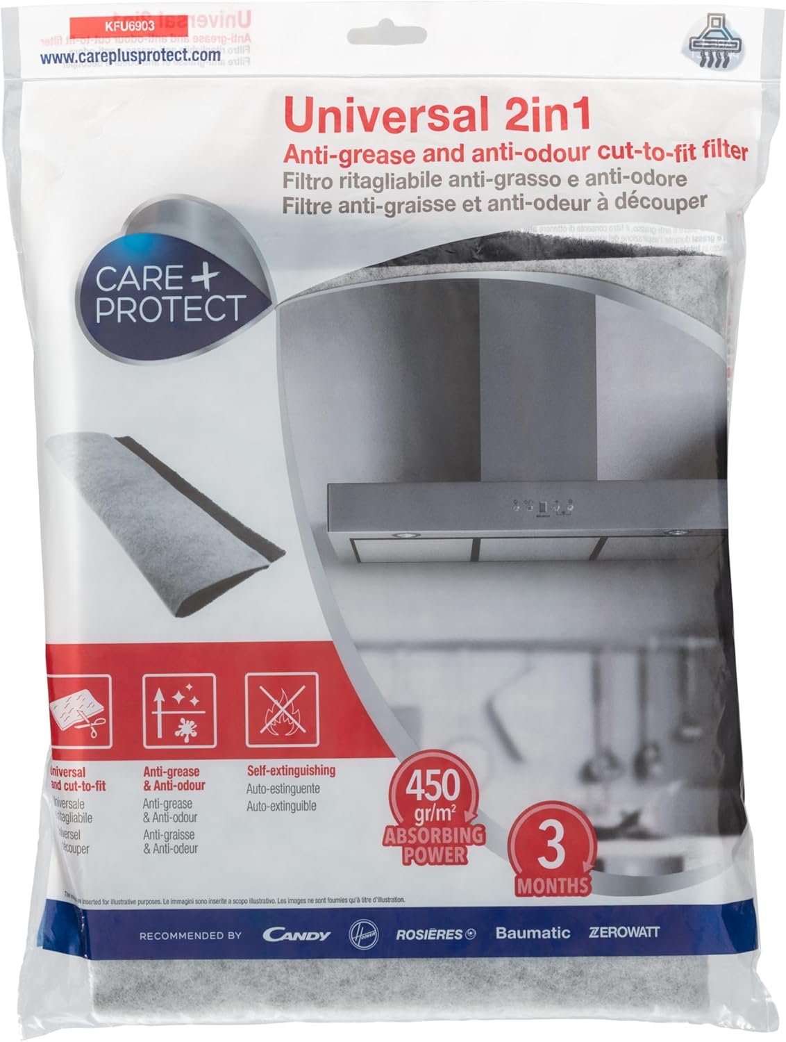 CARE + PROTECT Filtre de hotte universel à découper 2 en 1 anti-graisse et anti-odeur & Filtre pour Hotte Aspirante de Cuisine, Universel, Découpable, Anti-Graisse Anti-graisse/anti-odeur + Filtre