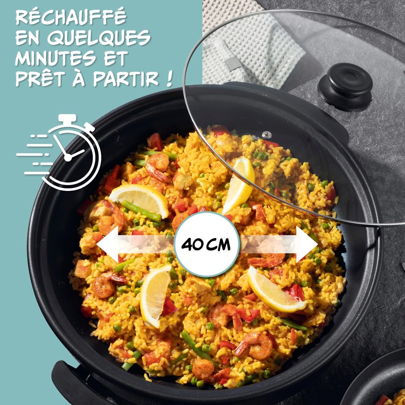 GOURMETmaxx Poêle électrique ⌀ 40cm - Hot Pot thermostatique, couvercle en verre & volume XXL avec revêtement antiadhésif - parfait pour paella, braisage & wok - 1500W 40 cm