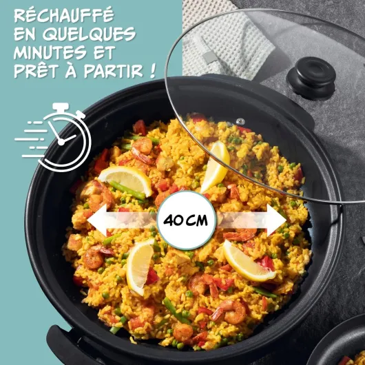 GOURMETmaxx Poêle électrique ⌀ 40cm - Hot Pot thermostatique, couvercle en verre & volume XXL avec revêtement antiadhésif - parfait pour paella, braisage & wok - 1500W 40 cm