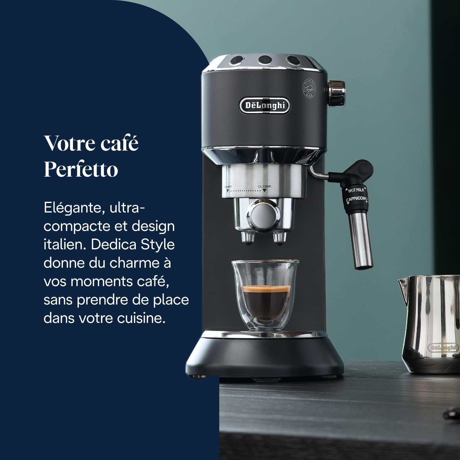 De’Longhi Dedica Style - Perfetto Machine à Expresso Compacte, Mousseur de Lait Manuel pour Expresso et Cappuccino, Compatible Dosettes ESE, Panneau de Commande à Boutons, Largeur 15cm, Noir(EC685.BK) Noir Unique