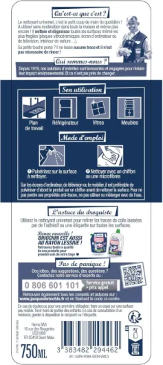 JACQUES BRIOCHIN - Nettoyant Universel Anti-Traces - Nettoie, Dégraisse - Toutes les Surfaces Même Fragiles - Sans Rincage - Fabrication Française - 750 ml Incolore 750 ml (Lot de 1)
