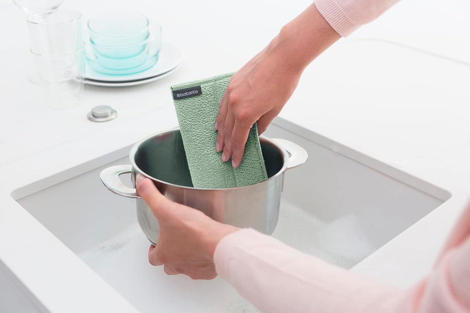 Pads de Nettoyage en Microfibre Sinkside - Éponge - Lavable en Machine - pour Nettoyer la Vaisselle, Les Comptoirs & Les Miroirs - Lot de 3 - Dark Grey/Light Grey/Jade Green 1 16 x 22 cm