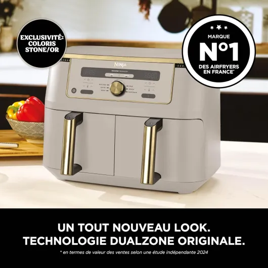 Air Fryer Dual Zone MAX numérique, Friteuse à air chaud grande capacité, 9,5 L, Sans huile, Air Fry, Croustillant max, Cuire au four, Rôtir, Déshydrater, Réchauffer, Stone/or, DZ400EUSTGD 9.5L Stone/Or