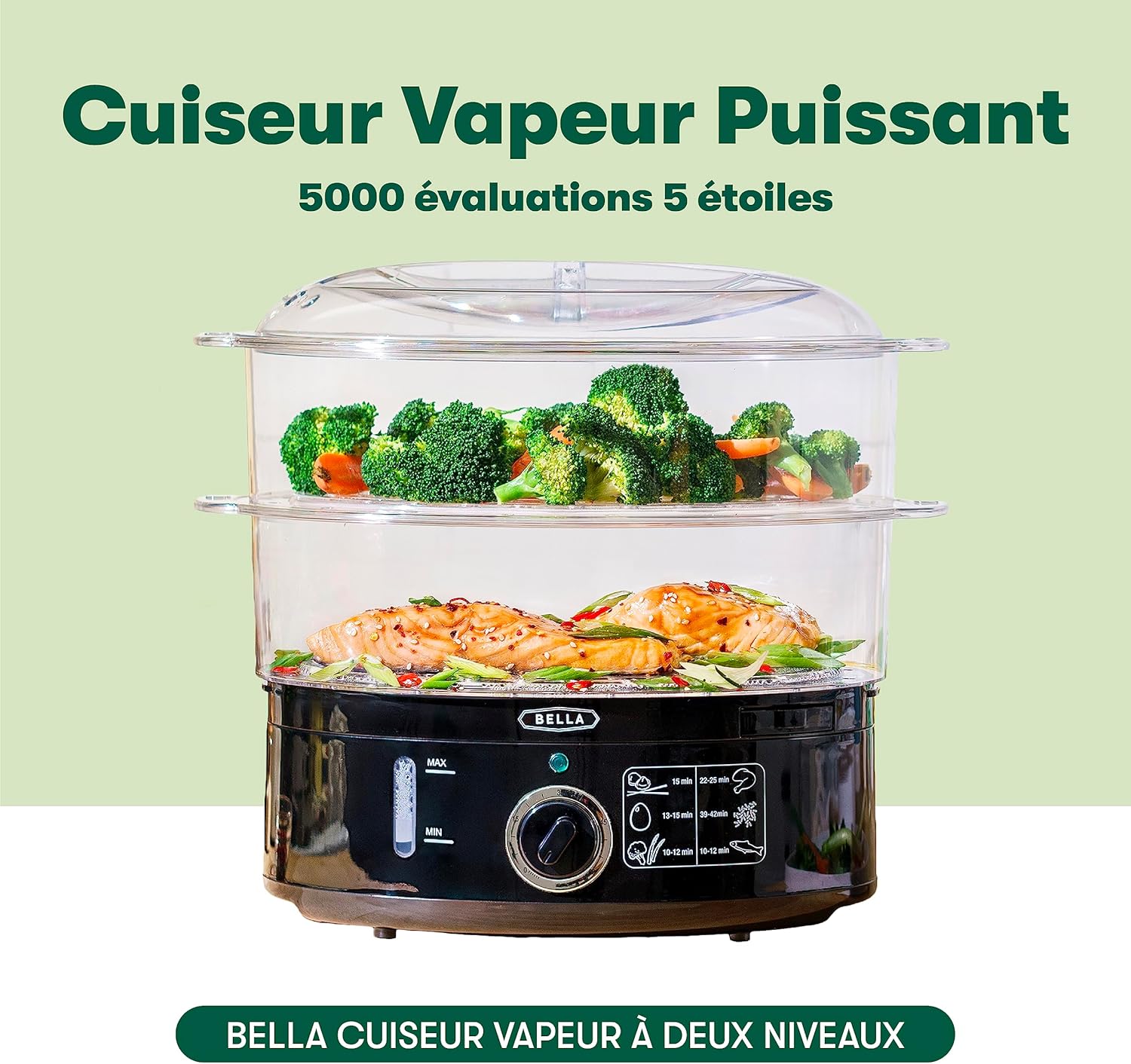 Cuiseur vapeur à deux niveaux avec paniers empilables et base amovible pour une cuisson rapide et simultanée - Arrêt automatique et protection contre la sécheresse et l’ébullition, 7 L, noir Noire