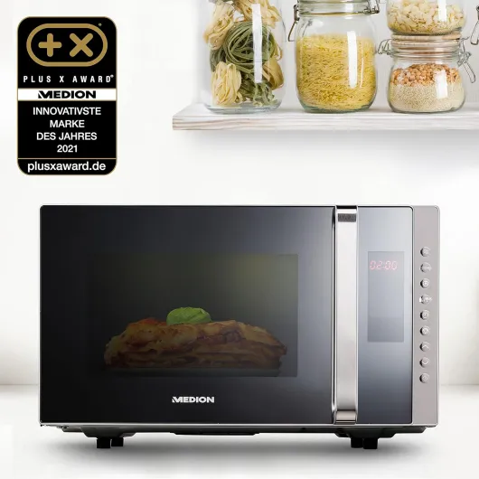Micro-onde 3en1 avec gril et air chaud combiné (23L, 800W, 1200 W gril/air chaud, 10 programmes automatiques, 5 niveaux de puissance, mode décongeler, design miroir, MD17495) argent