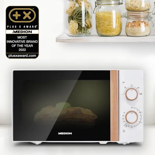 Micro-ondes (aspect bois, 20 litres, 700 watts, porte miroir, 5 niveaux de puissance, fonction décongélation, minuterie, MD10596) blanc