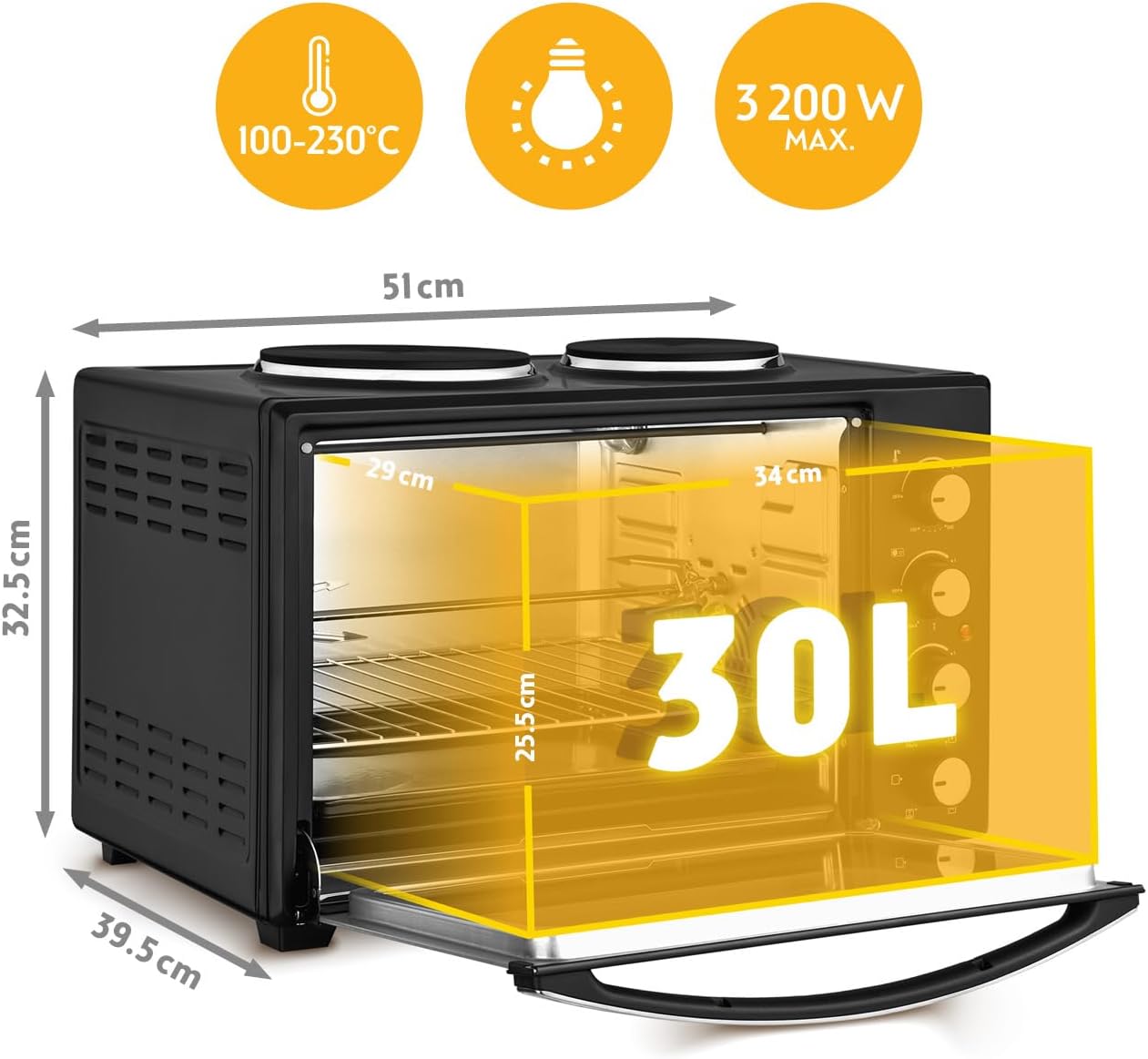 TZS First Austria - Mini-Four avec plaques de cuisson 30L 3200 W - Four à pizza jusqu'à 230°C et 6 modes de chauffage - Four multifonction avec 4 hauteurs d'insertion et accessoires de haute qualité
