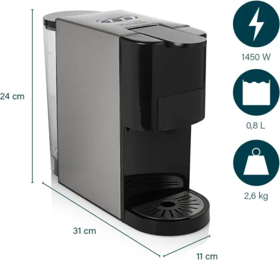 Machine à café multi-capsules 4 en 1 – Capsules, dosettes, café moulu – Sans BPA – 800 ml – 1450 W – Noir et argent – 249450