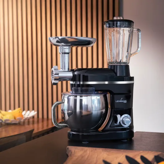 Lehmann Machine de cuisine universelle 3 en 1 - Avec système de battement planétaire - Multifonctionnelle avec hachoir à viande - Presse-agrumes de 1,5 L - Bol en acier inoxydable de 5 L (Noir)