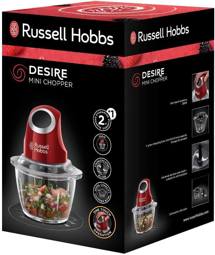 Mini hachoir électrique [Multifonction] Desire Rouge (pour légumes, fruits & viandes, un bouton de fonctionnement, bol en verre 500ml, lame en acier, couvercle de conservation) 24660-56