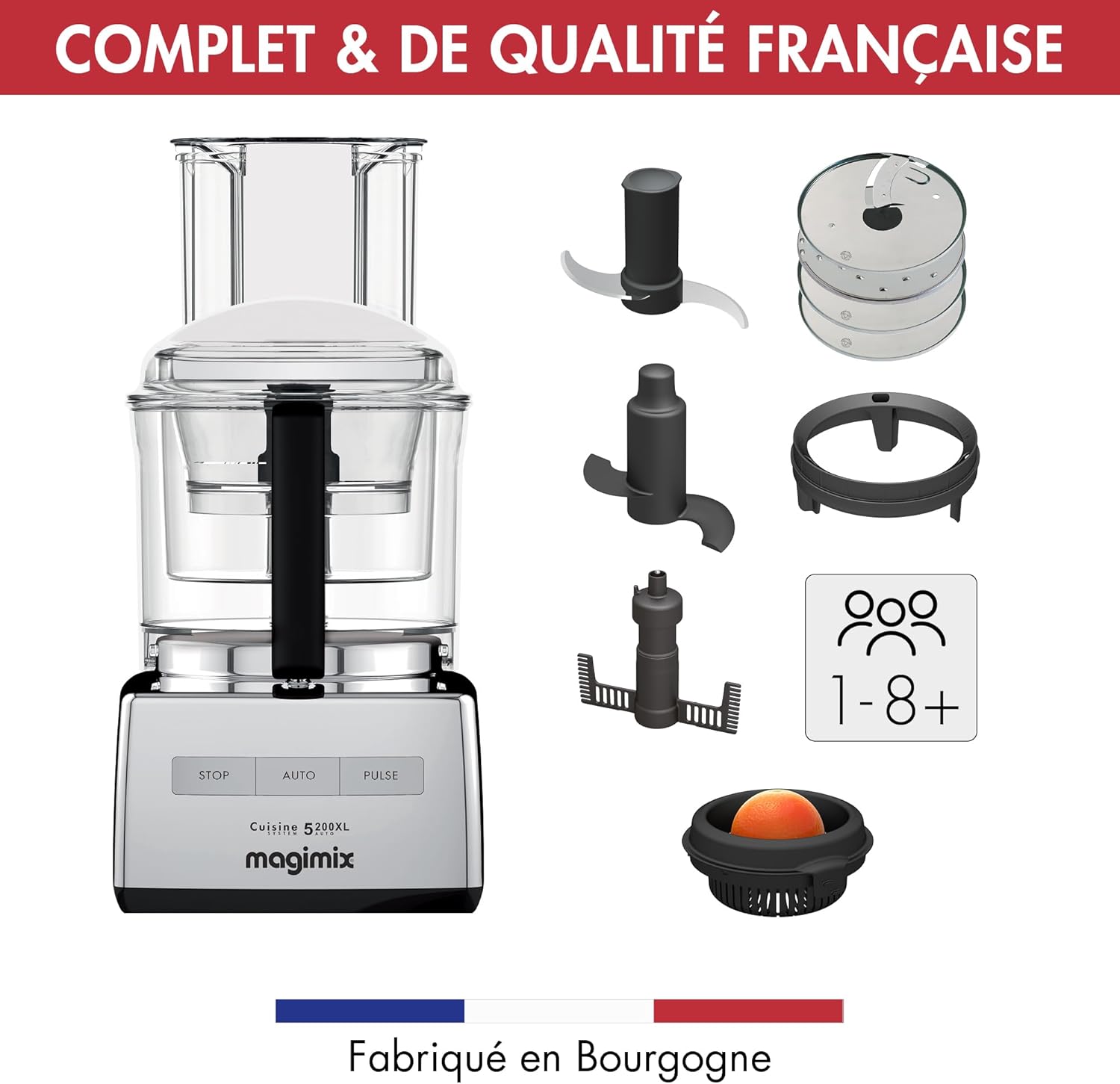 Robot de Cuisine Multifonction CS 5200 XL - Hachoir, Blender, Presse Agrumes - Bol 3,6L - Fabriqué EN FRANCE - Chrome brillant