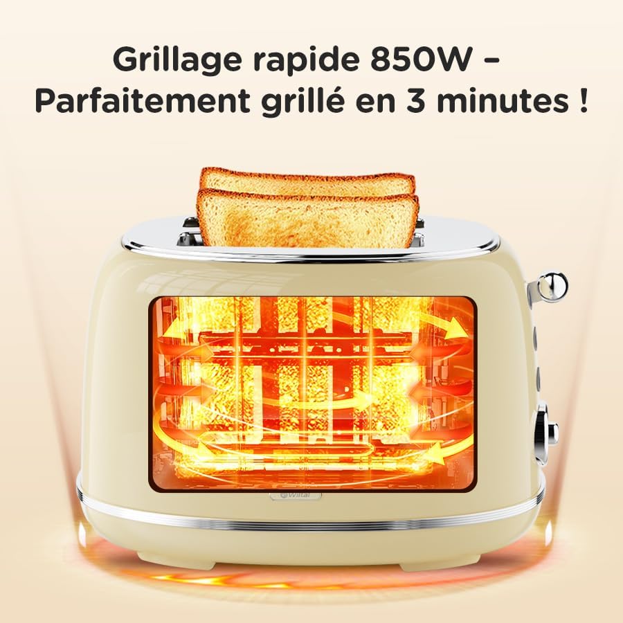 Grille-Pain Rétro 2 Fentes Acier Inoxydable - Compact Support Viennoiseries, 6 Niveaux, Décongélation, Réchauffage, Arrêt Automatique Écru
