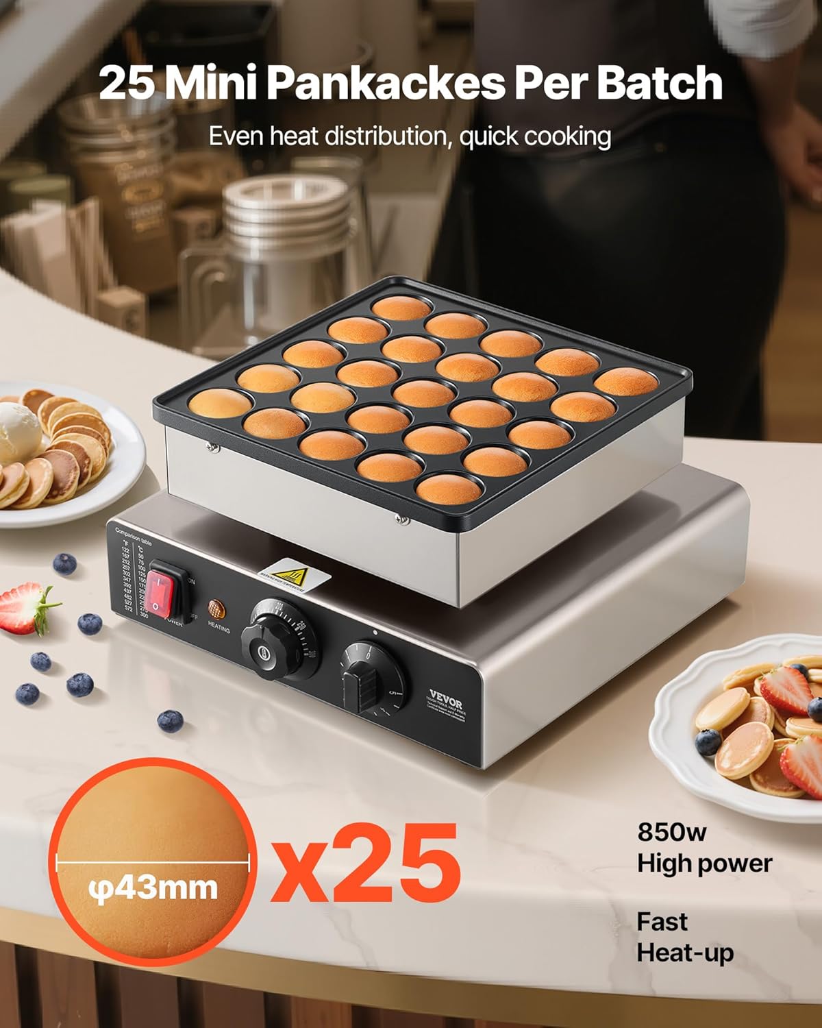Mini Crêpière Électrique, Appareil à Pancakes Capacité 25PCS de 43 mm de Diamètre, Machine à Poffertjes Dorayaki Grille Antiadhésive en Inox, Contrôle de la Température et du Temps, Cuisine