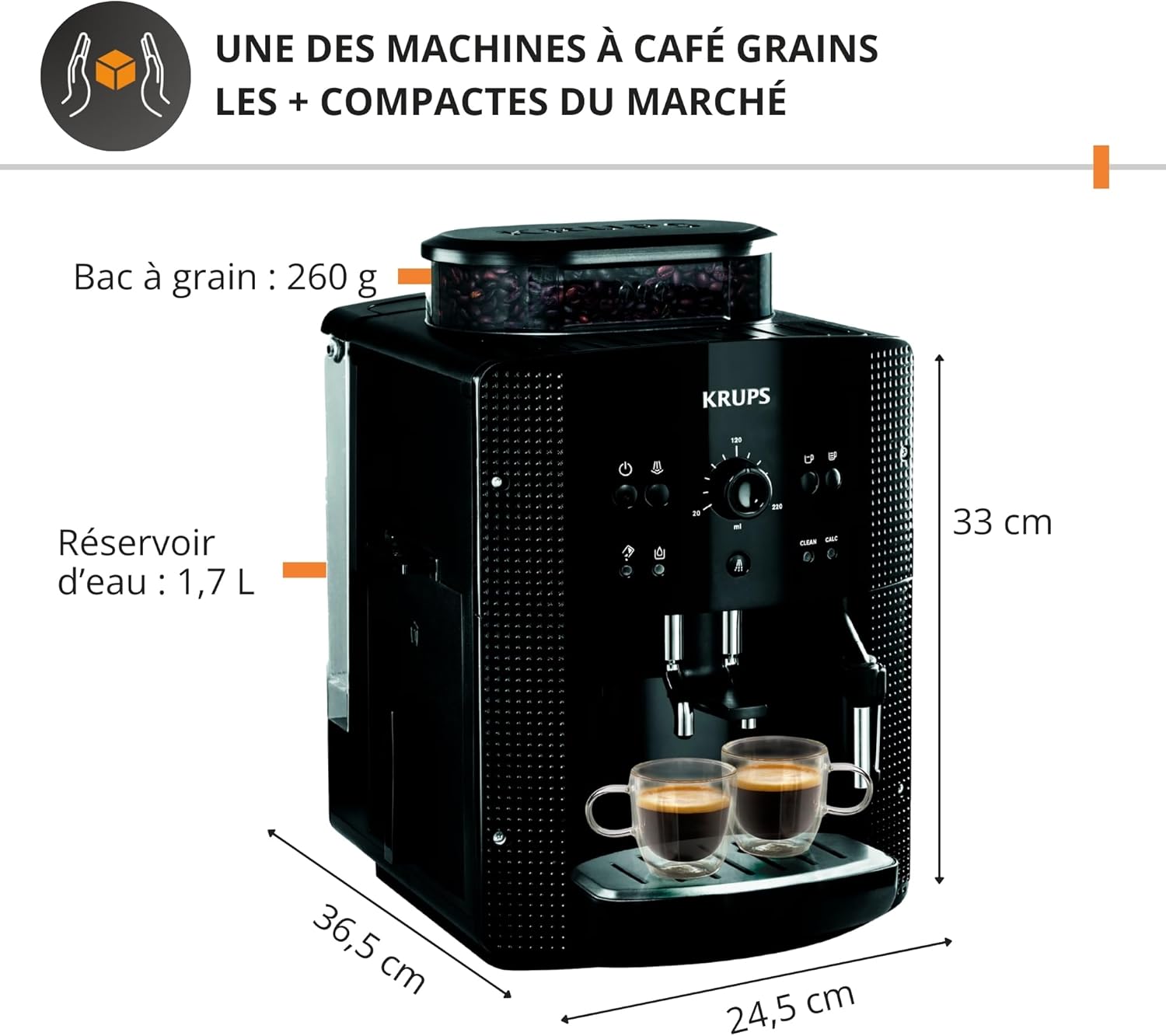 Machine à café grain, machine expresso, 2 tasses en simultané, Nettoyage automatique, Buse vapeur pour Cappuccino, Cafetière espresso, Essential noire YY8125FD
