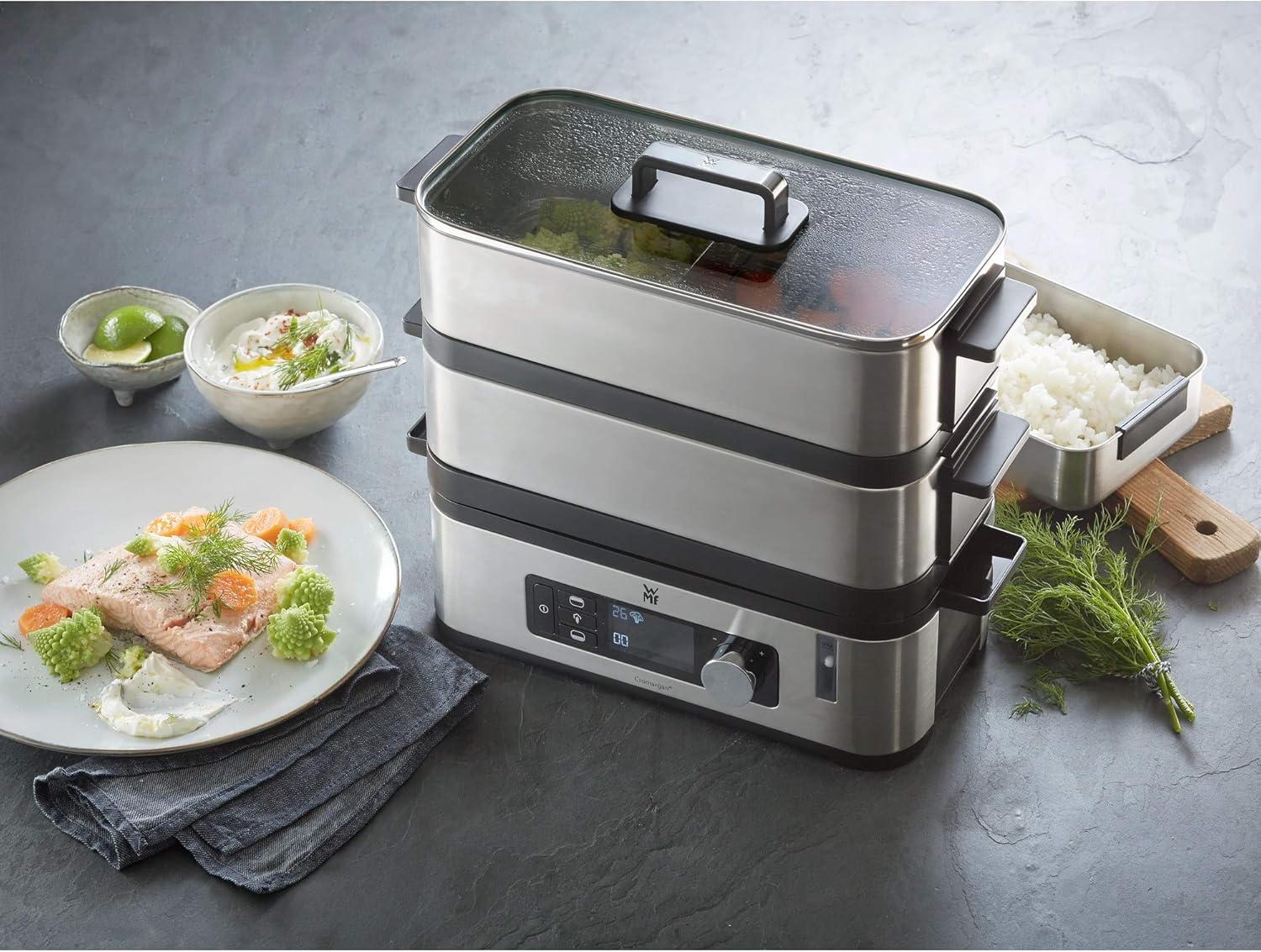 WMF KITCHENminis Cuiseur Vapeur Electrique Ultracompact Design Elegant Inox Cromargan Haute Qualité 2,15L Sans BPA 2 Compartiments Cuisson Programmes Cuisson Légumes Riz Poisson 900W 0415090011 Unique