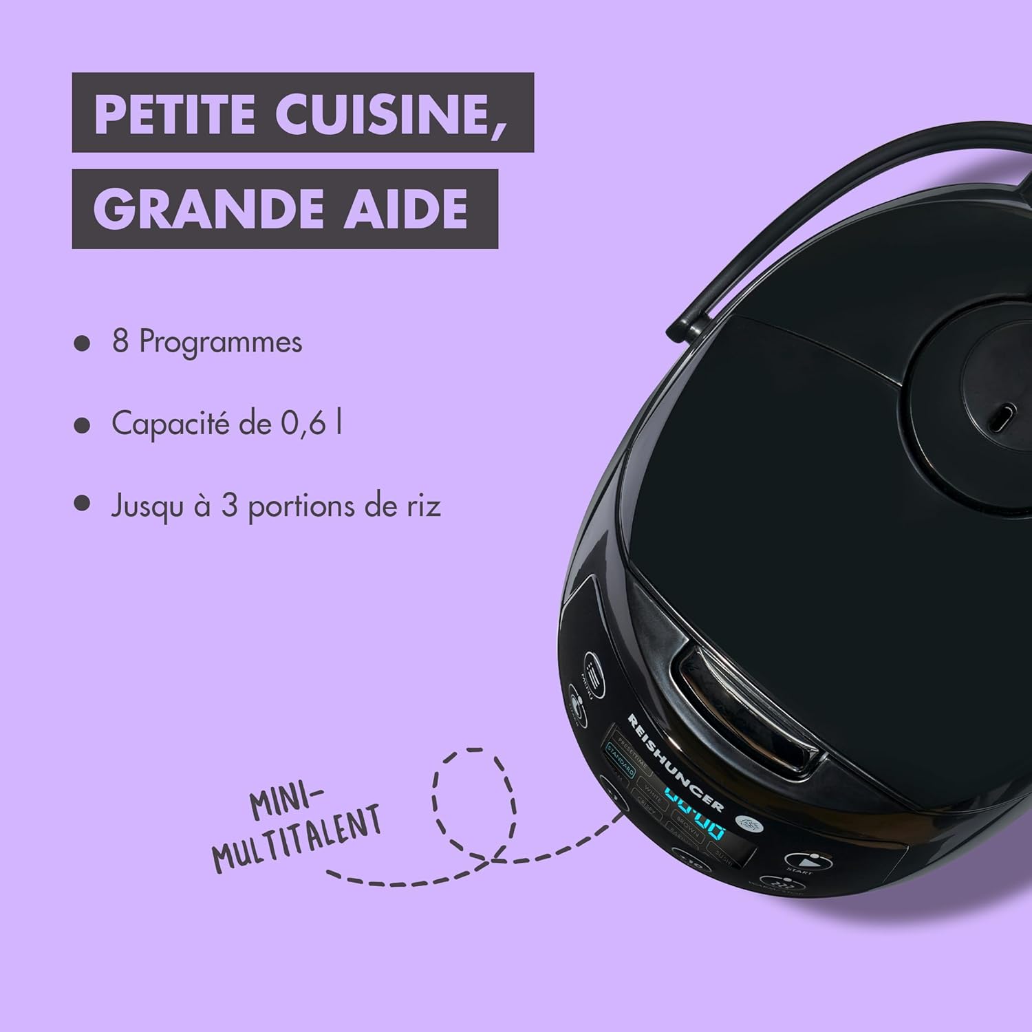 Reishunger Mini Auto Cuiseur Riz (rice cooker) Japonais et Vapeur Menthe avec la Fonction de Maintien au Chaud et Bol en Céramique, dont Cuillère et Tasse à Mesurer – 0.6 l pour 1-3 personnes