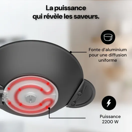 Riviera&bar Wok Électrique Expert 5L - Cuve en Fonte d'Aluminium, Couvercle en Verre, Thermostat Réglable 10 Positions, Cuisson Polyvalente et Nettoyage Facile - Pour 8 Personnes - Noir